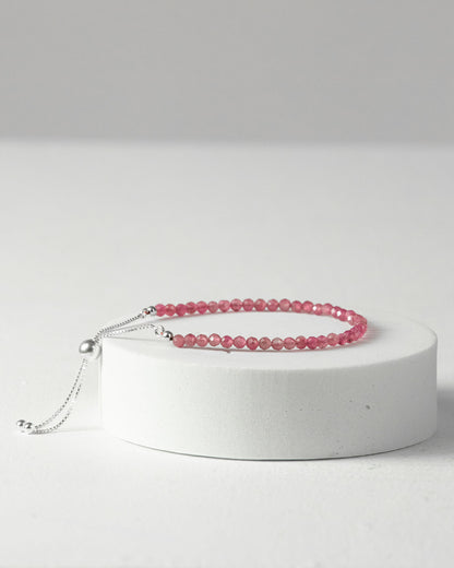 Pink Tourmaline 3mm Faceted Bead Bracelet 925 Sterling Silver Healing Crystal