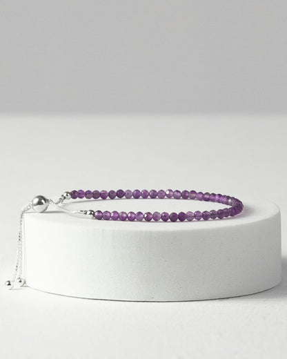 Amethyst 3mm Faceted Bead Bracelet 925 Sterling Silver Healing Crystal