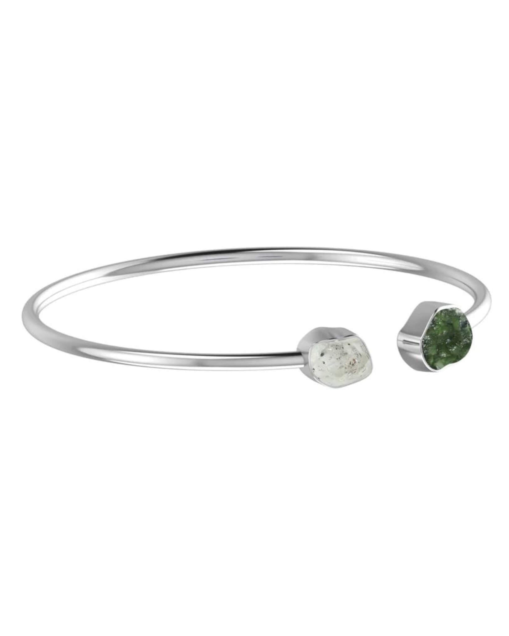 Moldavite & Herkimer Diamond Raw Bangle 925 Sterling Silver Bracelet Healing Crystal