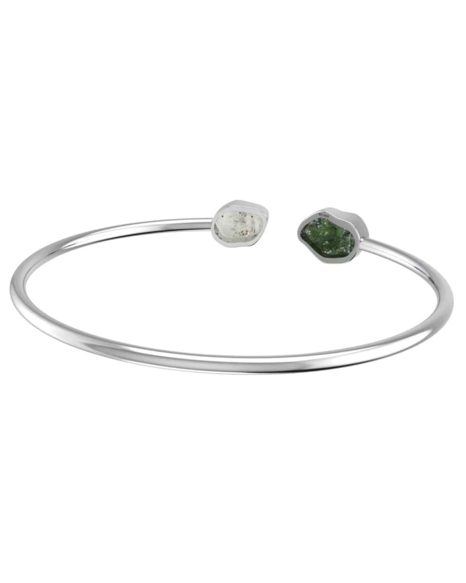 Moldavite & Herkimer Diamond Raw Bangle 925 Sterling Silver Bracelet Healing Crystal