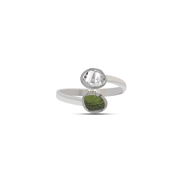Moldavite & Herkimer Diamond Raw 925 Sterling Silver Ring Healing Crystal