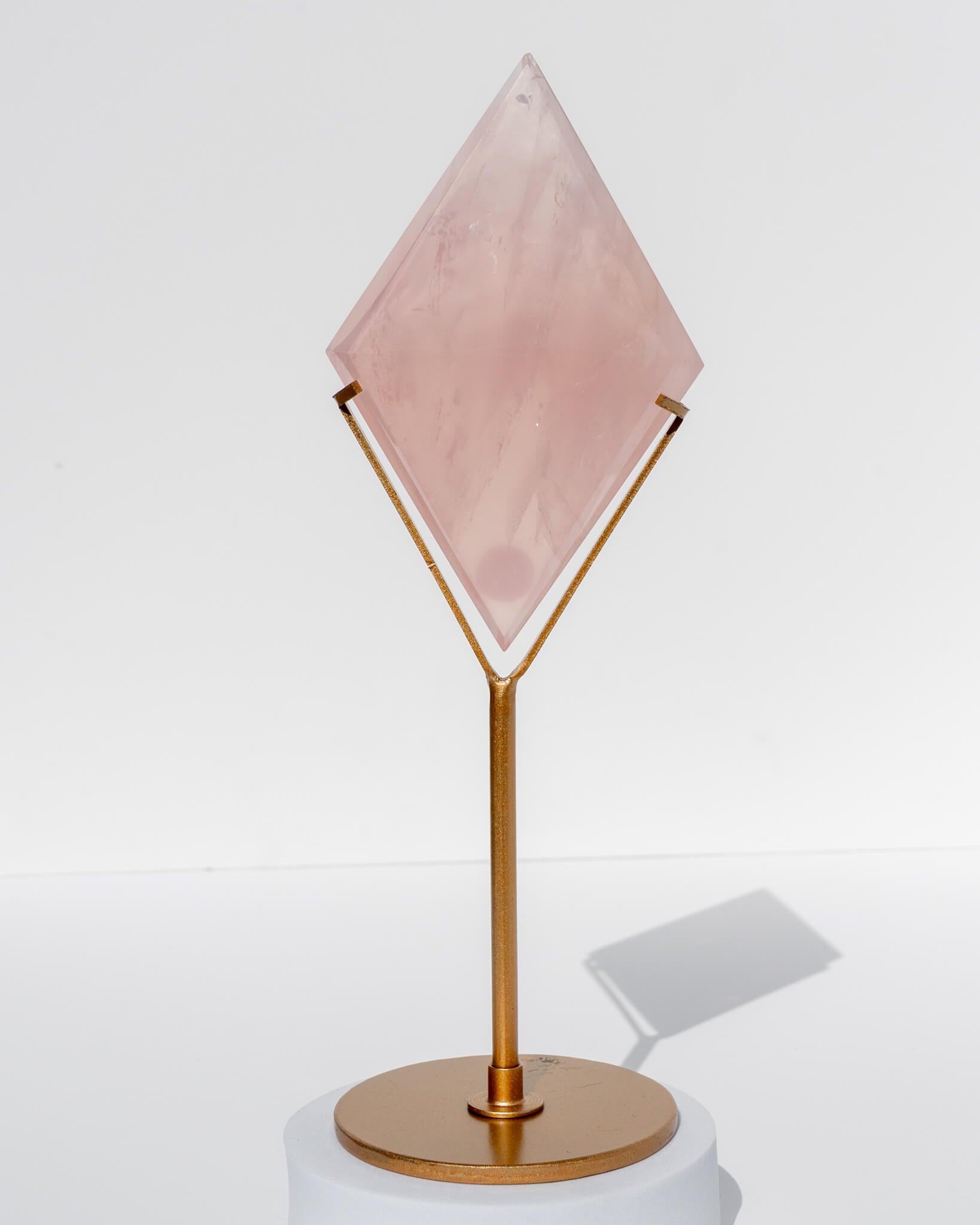 Rose Quartz Diamond on Gold Stand - 126A