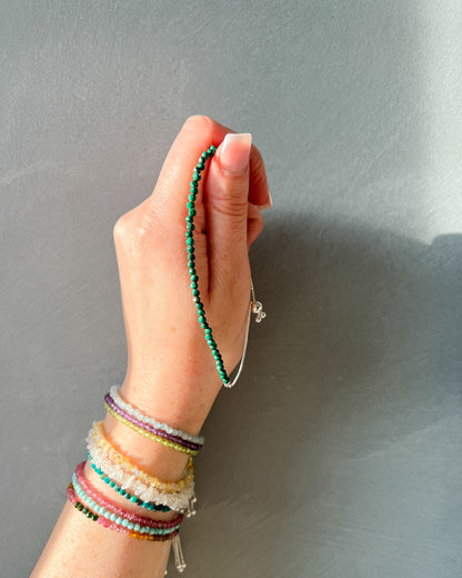 Malachite 3mm Faceted Bead Bracelet 925 Sterling Silver Healing Crystal