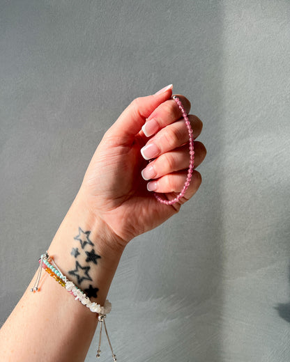 Pink Tourmaline 3mm Faceted Bead Bracelet 925 Sterling Silver Healing Crystal