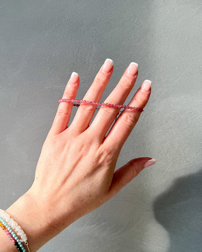 Pink Tourmaline 3mm Faceted Bead Bracelet 925 Sterling Silver Healing Crystal