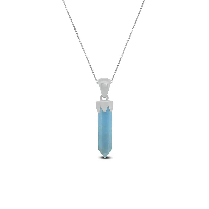 Aquamarine Point Pendant 925 Sterling Silver Crystal Necklace Healing Crystal