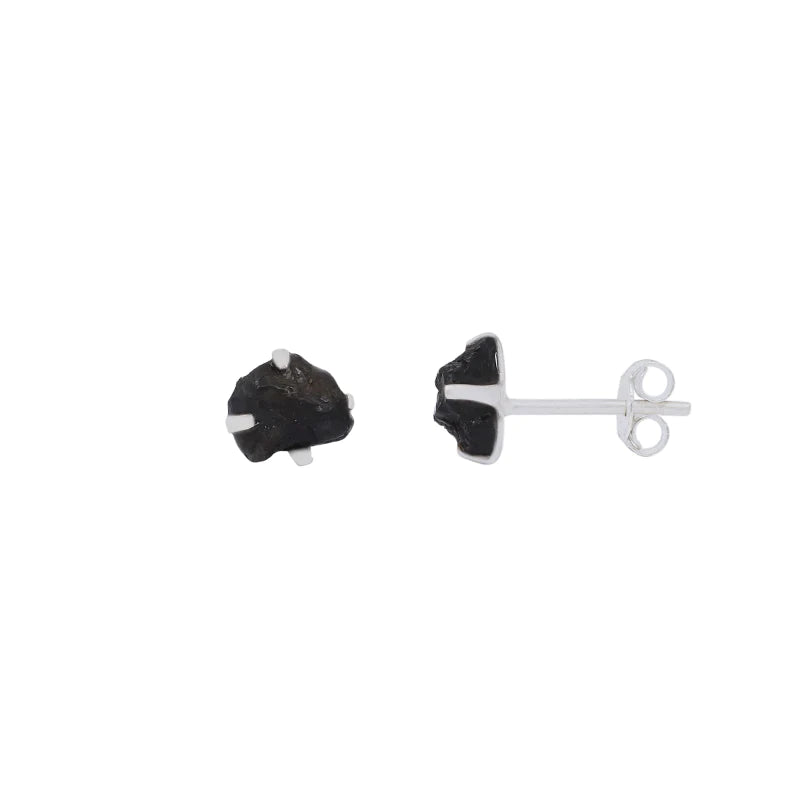 Black Tourmaline Raw Stud Earrings 925 Sterling Silver Healing Crystal