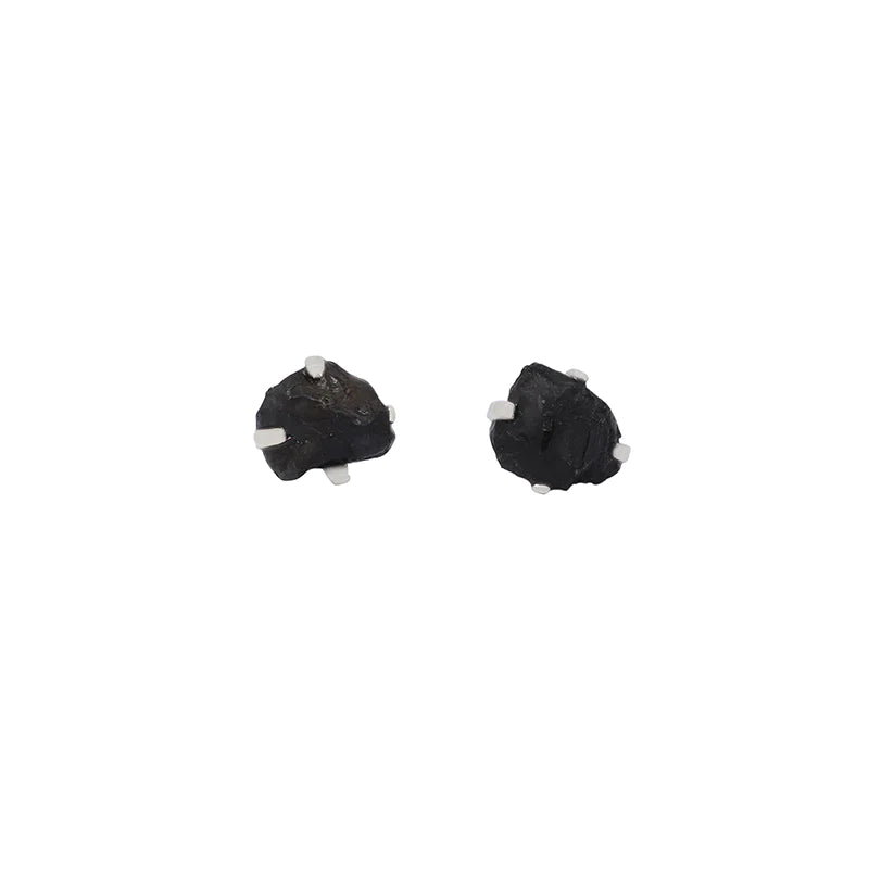Black Tourmaline Raw Stud Earrings 925 Sterling Silver Healing Crystal