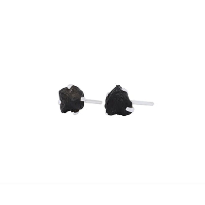 Black Tourmaline Raw Stud Earrings 925 Sterling Silver Healing Crystal