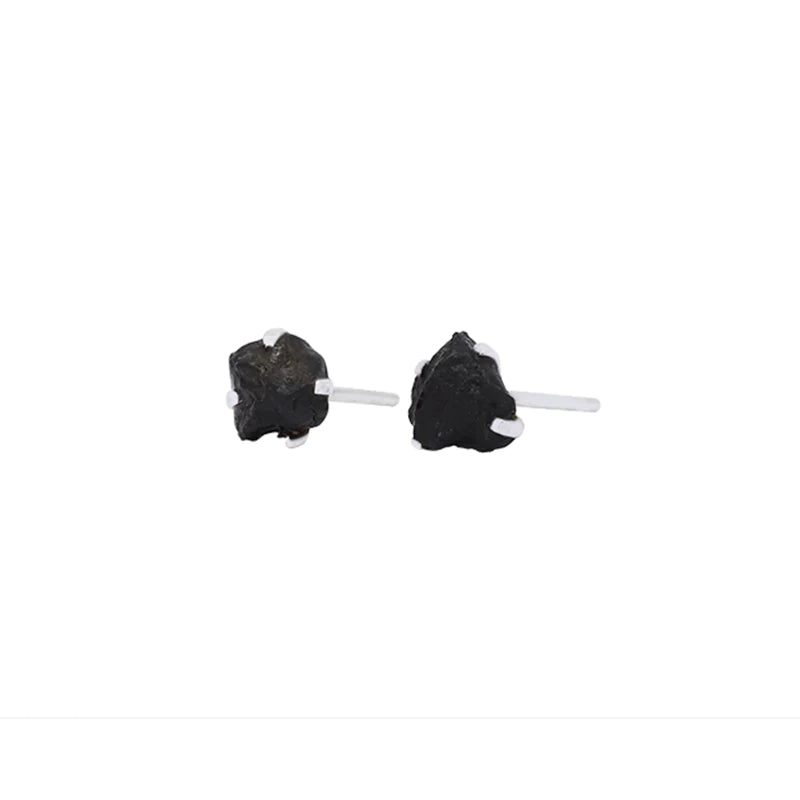 Black Tourmaline Raw Stud Earrings 925 Sterling Silver Healing Crystal