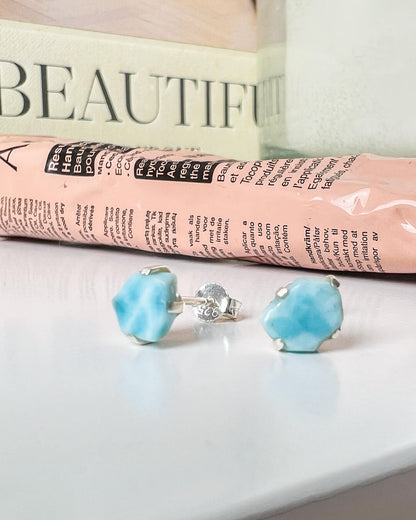 Larimar Raw Stud Earrings 925 Sterling Silver Healing Crystal