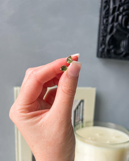 Moldavite Raw Stud Earrings 925 Sterling Silver Healing Crystal