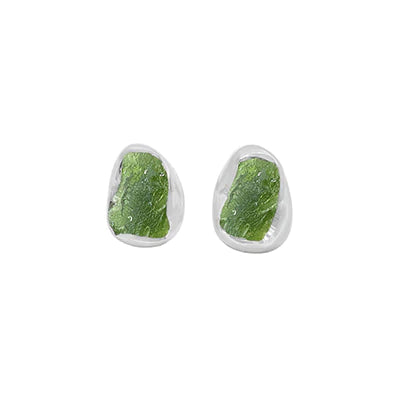 Moldavite Stud Earrings 925 Sterling Silver Healing Crystal