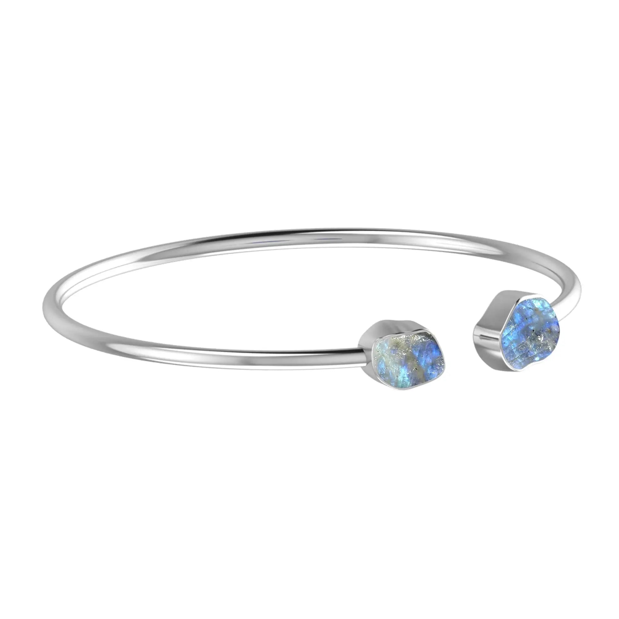 Rainbow Moonstone Raw Bangle 925 Sterling Silver Bracelet Healing Crystal
