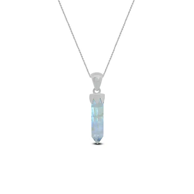 Rainbow Moonstone Point Pendant 925 Sterling Silver Necklace
