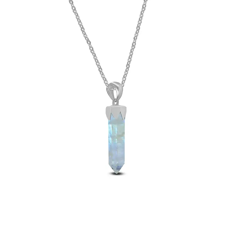 Rainbow Moonstone Point Pendant 925 Sterling Silver Crystal Necklace Healing Crystal